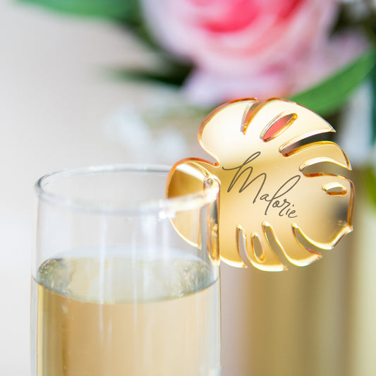 Tropical Name Place Card Drink Tag Charm Monstera Leaf Party Favor Name Card Table Number Tags for Drink Glass Place Cards Tropical Wedding