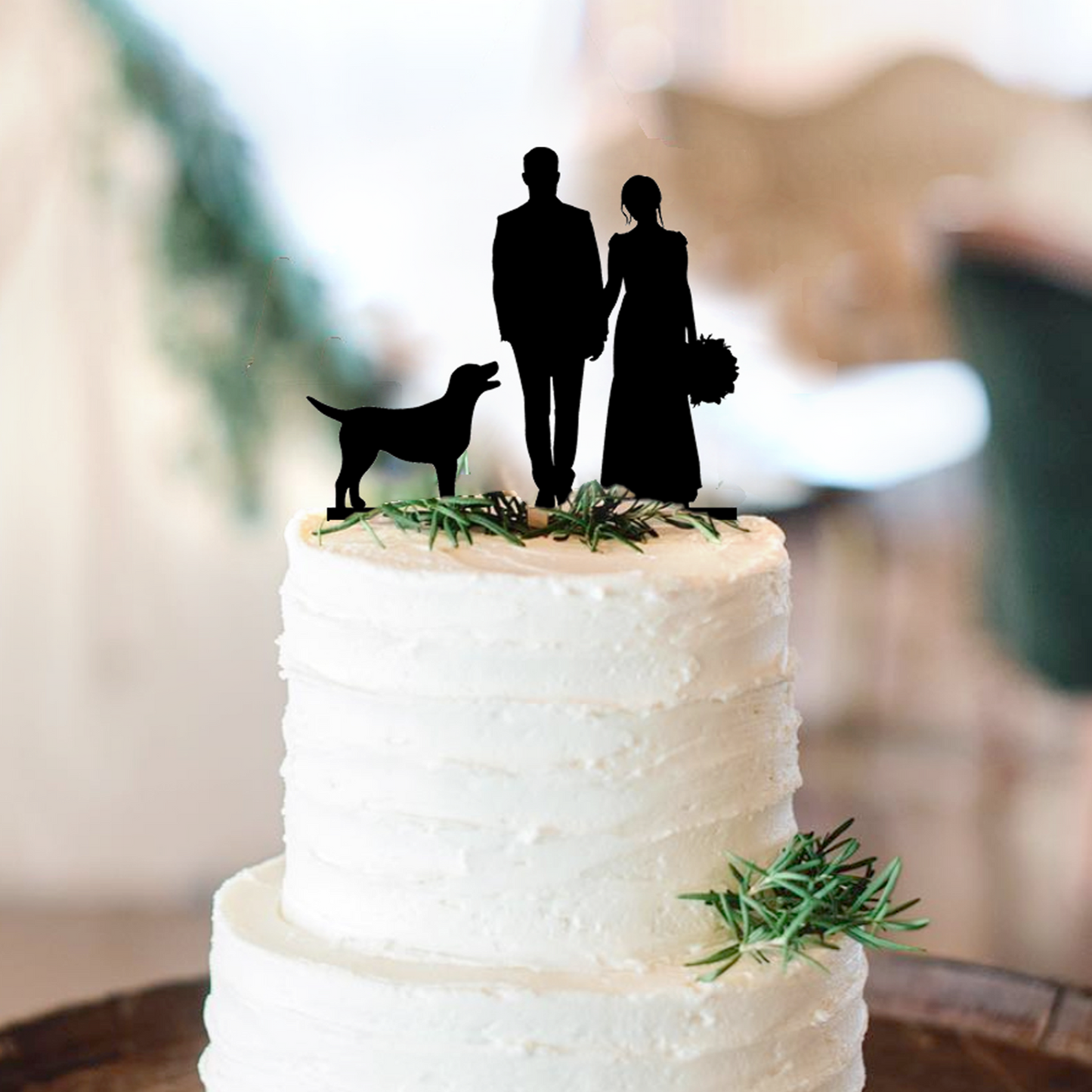 black acrylic cake topper of wedding couple silhouette with dog silhouette
