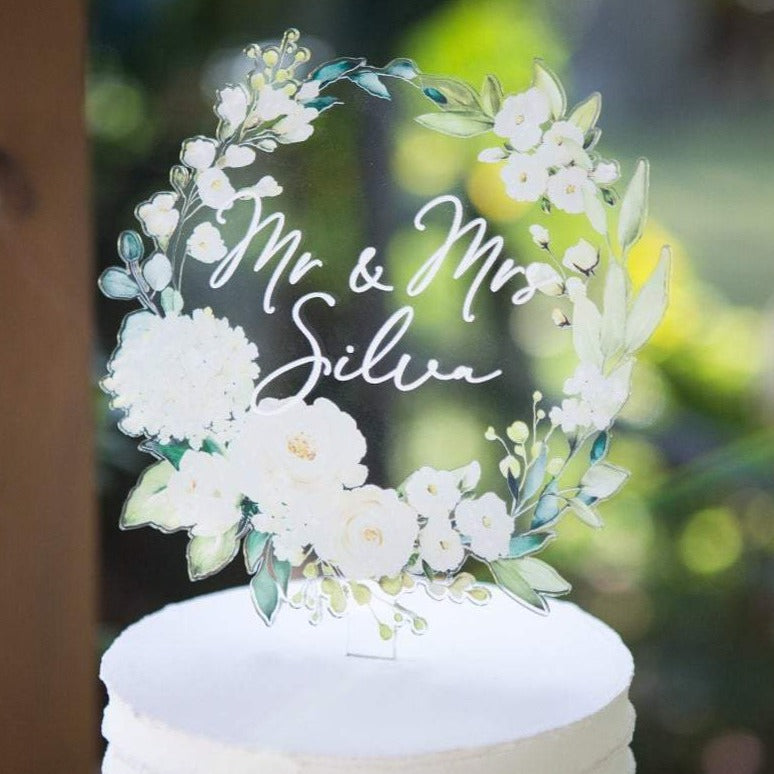 Floral Wreath Mr & Mrs Wedding Cake Topper - Wedding Decor Gifts