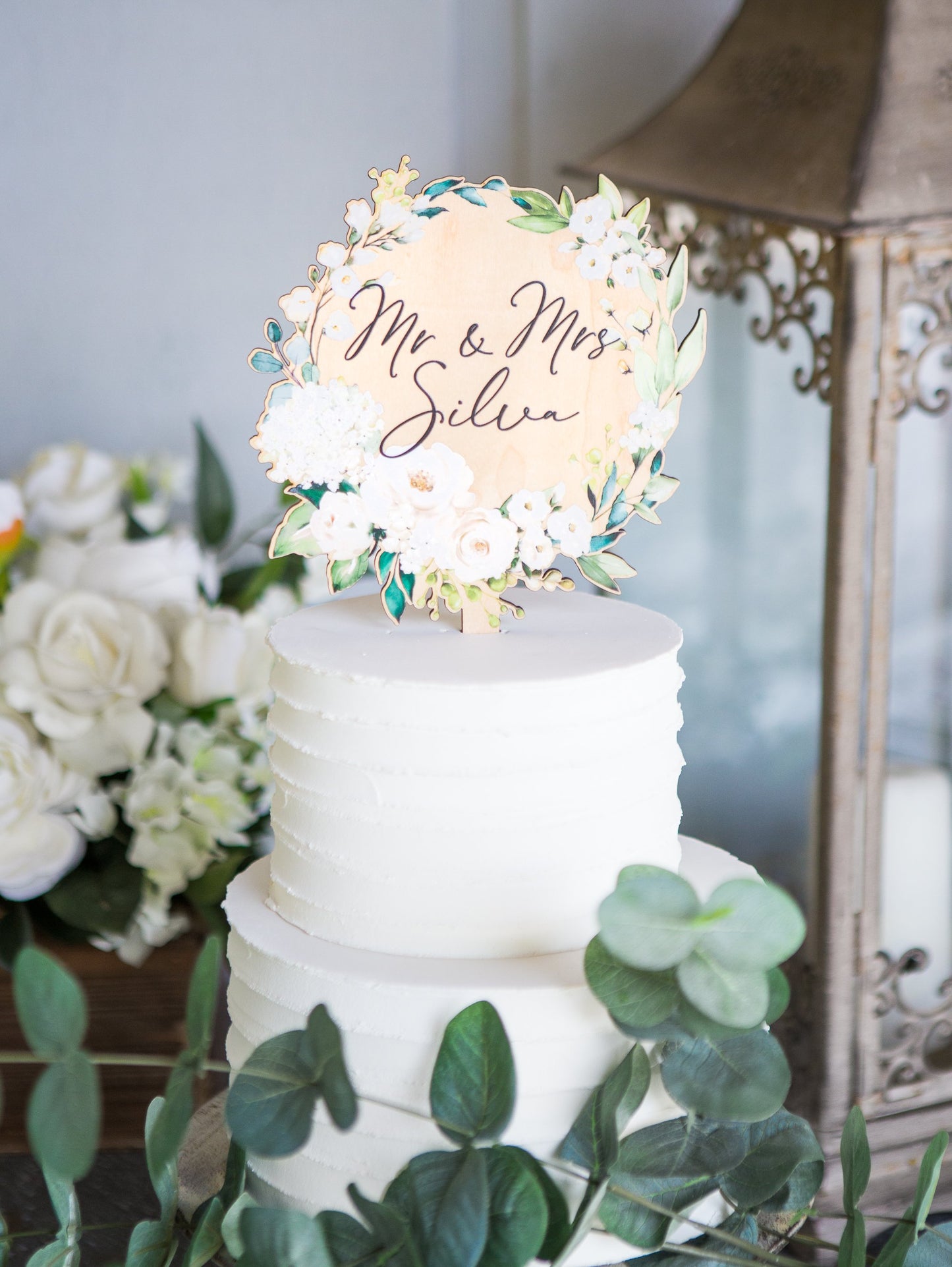 Floral Wreath Mr & Mrs Wedding Cake Topper - Wedding Decor Gifts