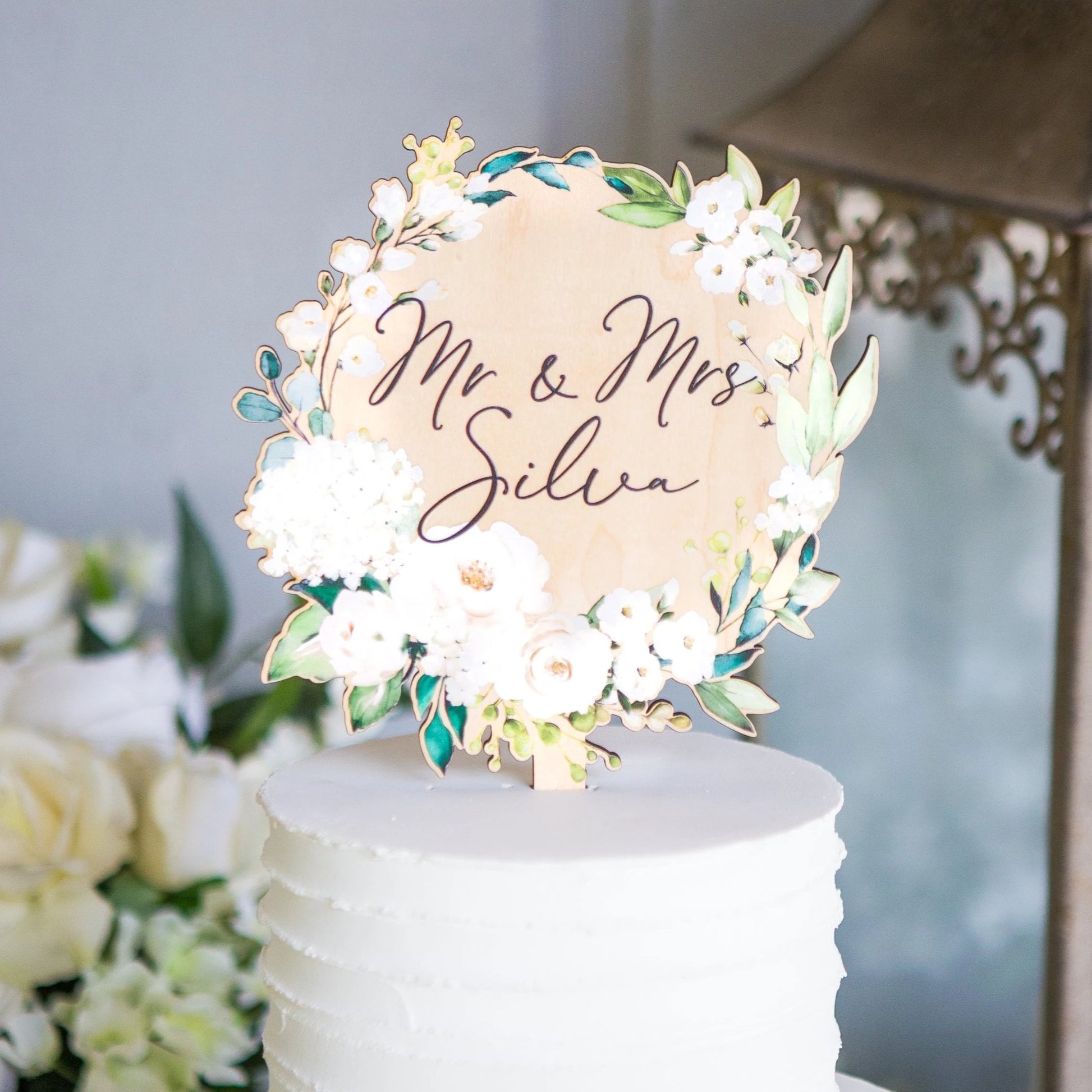 Floral Wreath Mr & Mrs Wedding Cake Topper - Wedding Decor Gifts