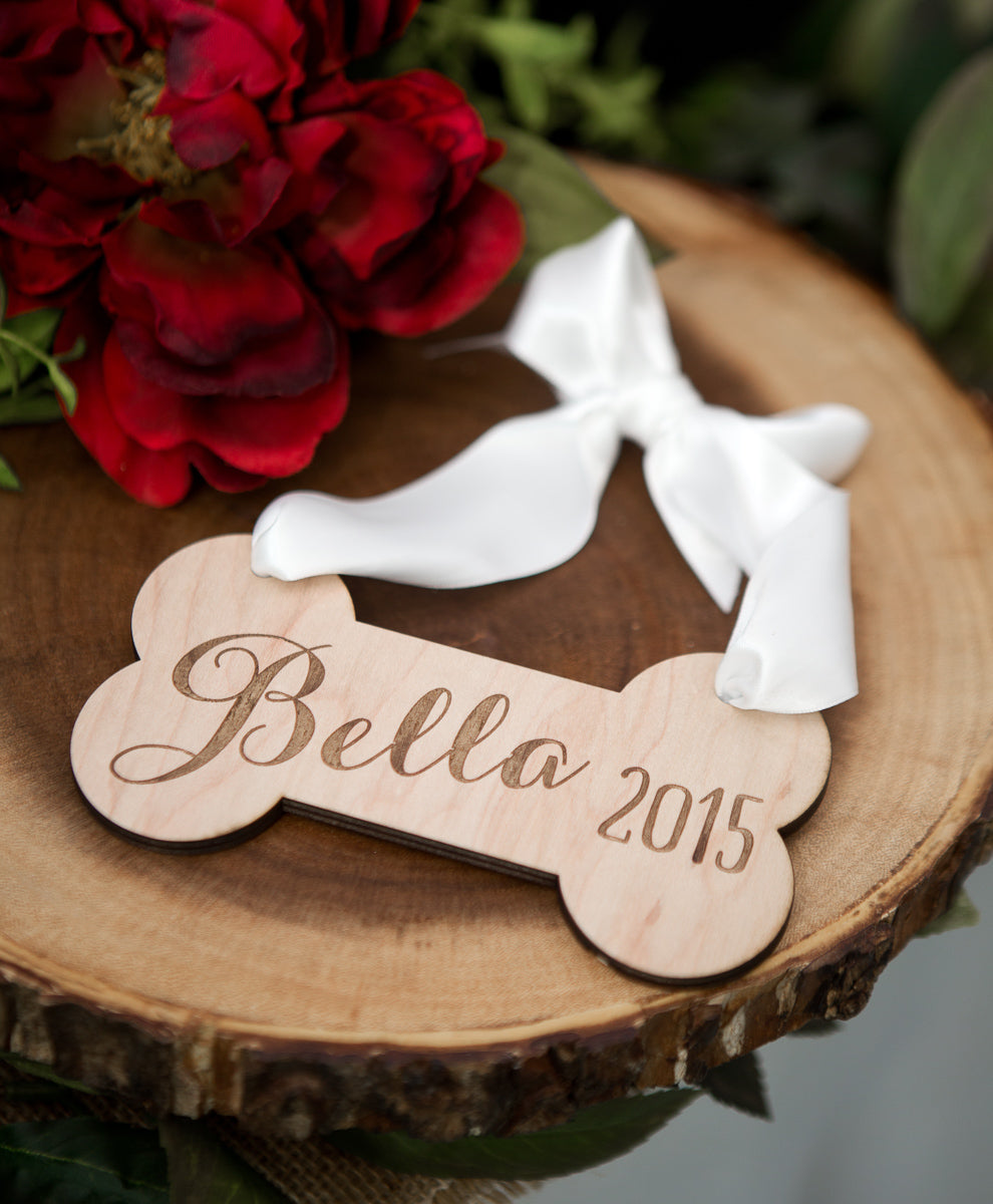 Personalized Rustic Wooden Dog Bone Ornament - Wedding Decor Gifts